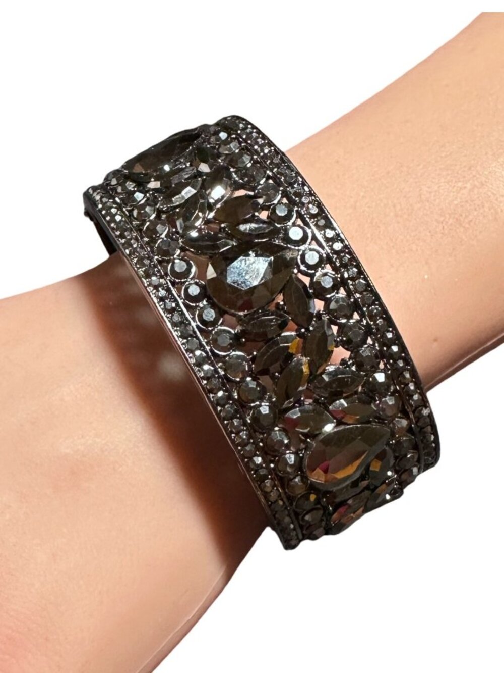 Clamper Hinged Bangle Bracelet Black Gray Rhinestone Maximalist Womens Jewelry